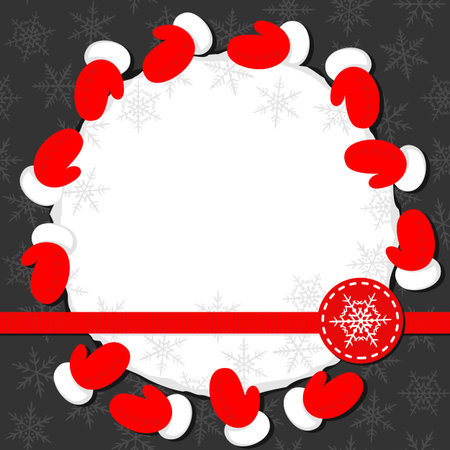 red gloves of Santa Claus Christmas winter holidays wreath on dark background with blank round torn paper with place for your text and red ribbon and snowflake badgeのイラスト素材