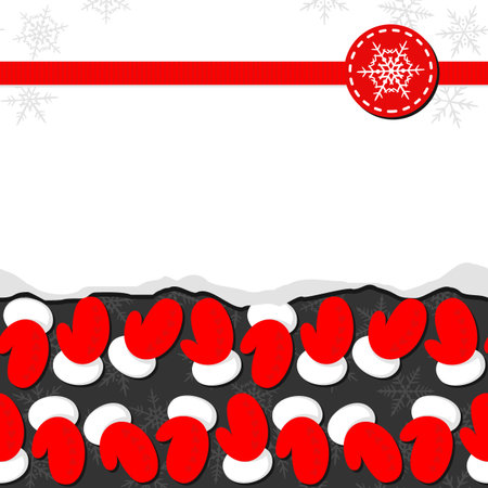 red gloves of Santa Claus Christmas winter holidays seamless pattern with horizontal rows on dark background with blank tornのイラスト素材