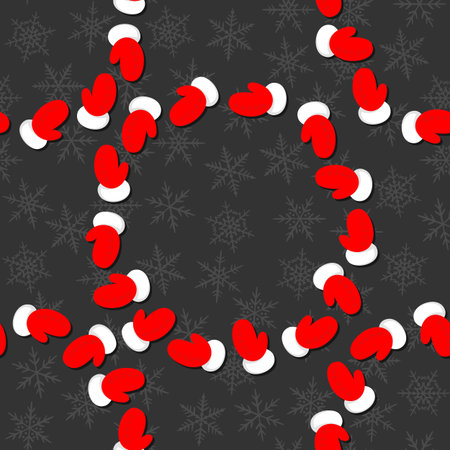 red gloves of Santa Claus in round wreath Christmas winter holidays seamless pattern on dark backgroundのイラスト素材