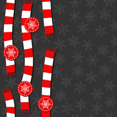 red white wool scarfs Christmas winter holidays seamless vertical border with round snowflake badges on dark backgroundのイラスト素材