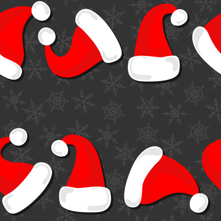 red hats of Santa Claus Christmas winter holidays seamless double horizontal border on dark backgroundのイラスト素材