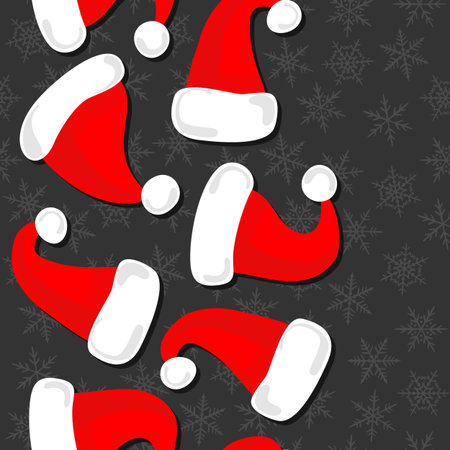 red hats of Santa Claus Christmas winter holidays seamless vertical border on dark backgroundのイラスト素材