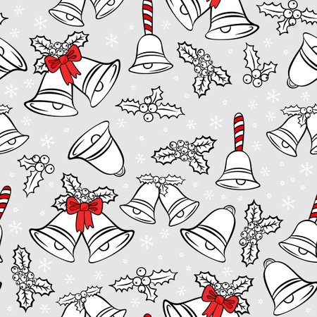 jingle bells Christmas decoration elements messy seasonal winter holidays seamless pattern on light gray backgroundのイラスト素材