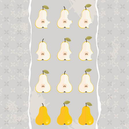 whole half and bitten pears in rows food raw healthy fruit autumn seasonal seamless vertical border...