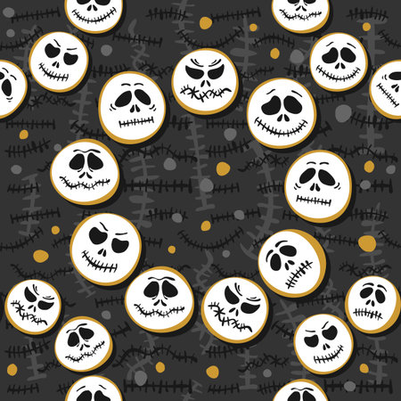 white wreaths faces Halloween scary seasonal pattern on dark backgroundのイラスト素材