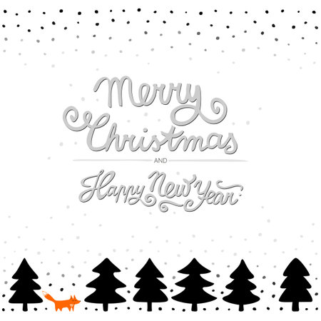 fox in a forest wild life animals cartoon style seasonal winter Christmas card poster on white background with wishes in Angielskiのイラスト素材