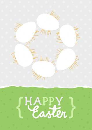 Happy Easter card with messy white eggs on hay, vector Easter card with egg wreath on light dotted background and wishes in Englishのイラスト素材