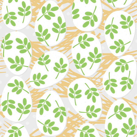 messy white eggs with green leaf motif on hay, Easter vector seamless patternのイラスト素材