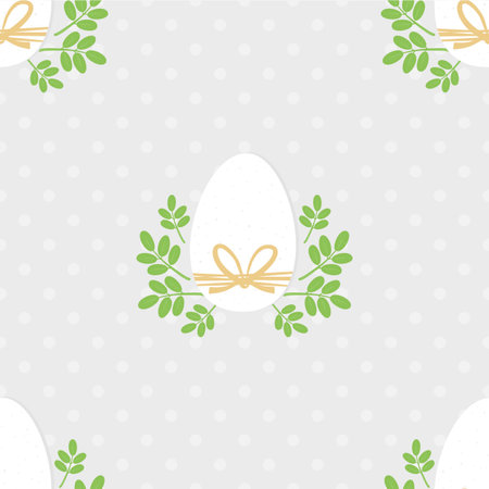 white eggs with green leaf motif around, vector Easter seamless pattern.のイラスト素材