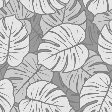 gray monochrome monstera leaves graphic exotic seamless patternのイラスト素材