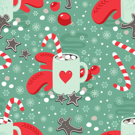 hot cocoa chocolate winter drink with red gloves and gingerbread cookies winter holiday seamless patternのイラスト素材