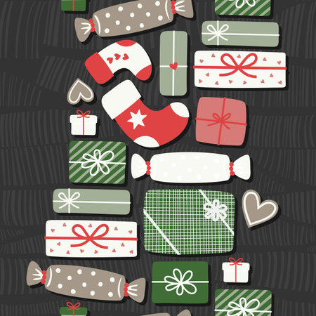 Christmas socks gifts presents winter holiday new year decorated boxes and packages colorful celebration Xmas seamless vertical border on dark backgroundのイラスト素材
