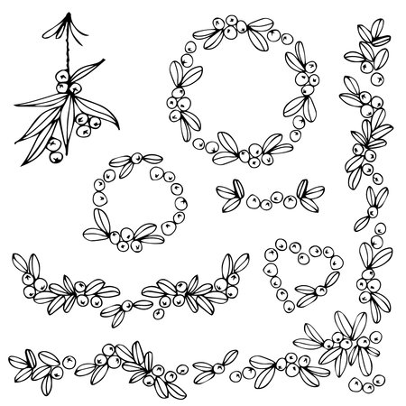 leaves and berries hand drawn decorative monochrome wreath heart border frame Christmas Thanksgiving New Year festive vector illustration set isolated on white backgroundのイラスト素材