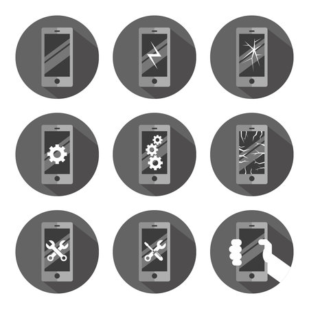 sign symbol mobile phone gray monochrome flat vector round button set settings work broke repairのイラスト素材