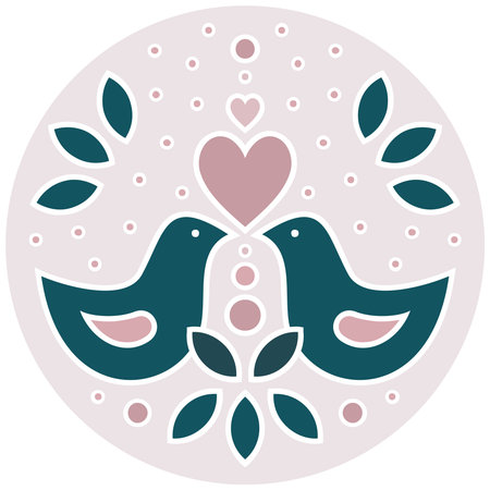 birds in love folk cartoon drawing centerpiece illustration on pink dotted backgroundのイラスト素材