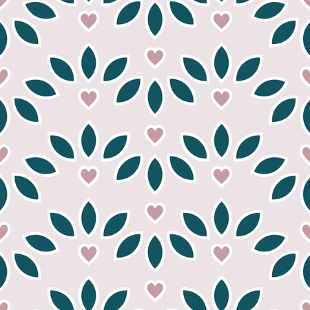 Hearts and leaves geometric shaped  delicate seamless pattern on light pinkのイラスト素材