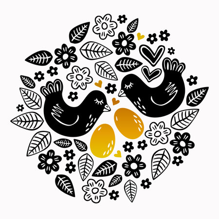 birds with golden eggs in the middle of flowers and leaves monochrome black and white spring summer seasonal card on white backgroundのイラスト素材