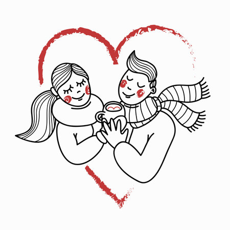 young couple caucasian girl boy date valentine's day meeting winter seasonal romantic monochrome black and white illustration with red elements on white backgroundのイラスト素材