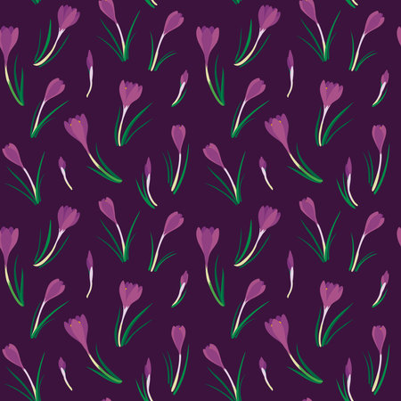 first crocuses mess spring fresh floral botanical seasonal seamless pattern on dark purple backgroundのイラスト素材