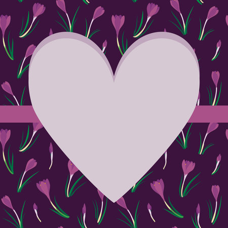 big heart with pink ribbon on first crocuses spring fresh floral botanical seasonal illustration wedding engagement thank you card on dark violet backgroundのイラスト素材