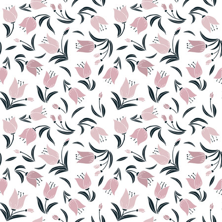 romantic tulips hand drawn doodle colorful tiny spring summer botanical seamless pattern on white backgroundのイラスト素材