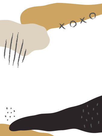 Abstract vertical background with colorful shapes and sketch elements. Background for mobile app page minimalistic style. Vector illustration. White, beige, ocher and black.のイラスト素材