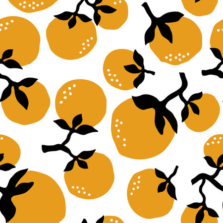 black white and orange silhouette branches and fruits botanical seamless pattern on white backgroundのイラスト素材