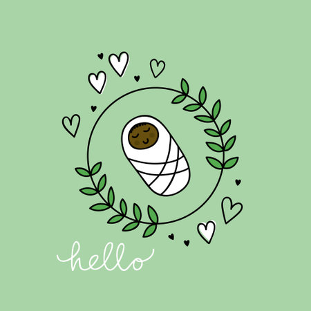 sweet baby arrival announcement card floral wreath and little hearts  vector green centerpiece illustration with white hand written hello signのイラスト素材