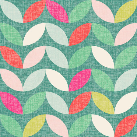 Colorful meadow geometric leaves seamless pattern. Repeatable vector background with retro style flat leaf shapes in regular rows on green textured background.のイラスト素材