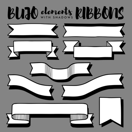 Vector ribbon set with shadows black and white hand drawn elements isolated on gray backgroundのイラスト素材