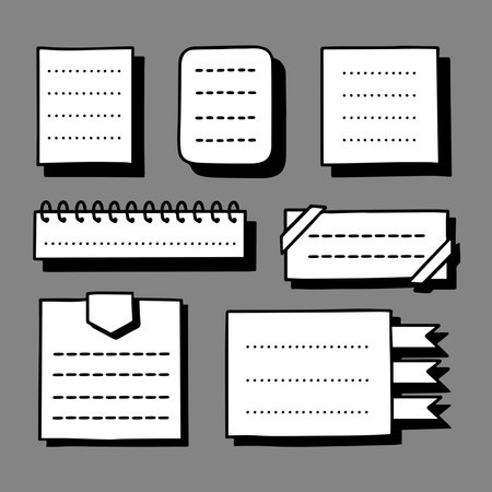 Rectangular and square vector paper pieces with lines monochrome hand drawn element set isolated on white backgroundのイラスト素材