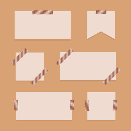 blank reminder paper notes with dotted washi tape beige vector set of elements isolated on yellow backgroundのイラスト素材