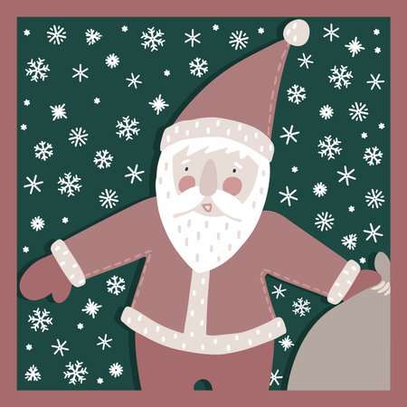 Santa Claus in the snowy night card poster centerpiece seasonal Christmas winter holiday vector colorful framed illustrationのイラスト素材