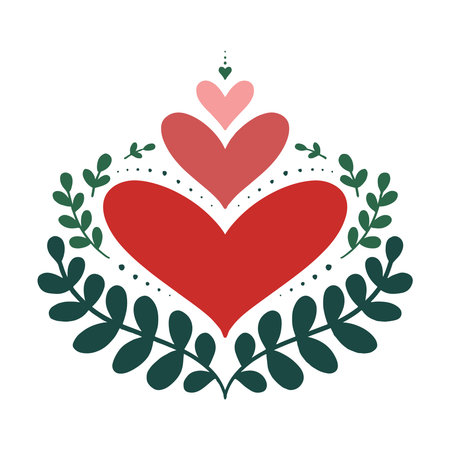 Colorful heart bouquet with green branches surrounding love feelings hearts florals beautiful hand drawn centerpiece illustration isolated on white backgroundのイラスト素材