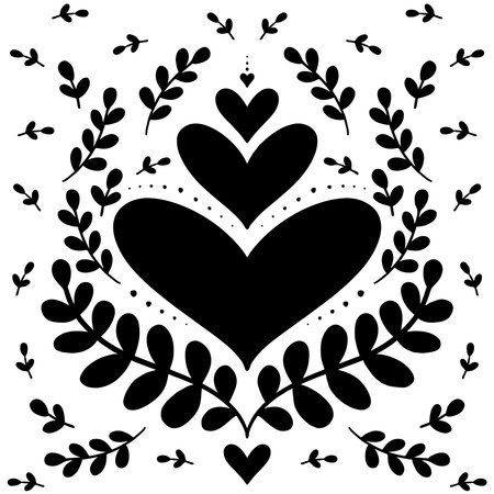 Black and white heart bouquet with surrounding branches love feelings hearts florals beautiful hand drawn centerpiece illustration isolated on white backgroundのイラスト素材
