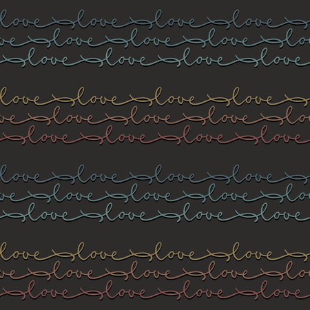word love colorful rainbow colors  hand drawn calligraphic text in horizontal rows romantic lovely vector seamless pattern isolated on dark backgroundのイラスト素材