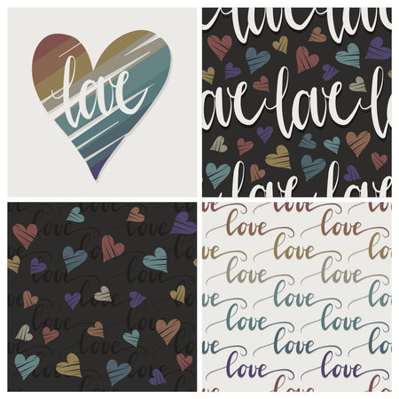 colorful love background set hand drawn calligraphic text in horizontal rows and messy heart shapes romantic lovely vector seamless pattern with centerpiece illustration in rainbow colorsのイラスト素材