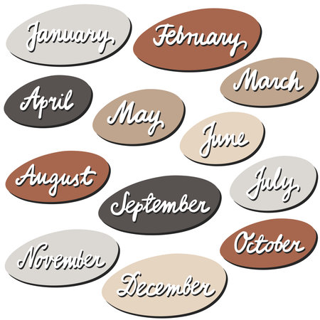 Month names. Handwritten set with names of months of the year. Modern Calligraphy Isolated on White Background. illustration. Handlettering for schedule.のイラスト素材