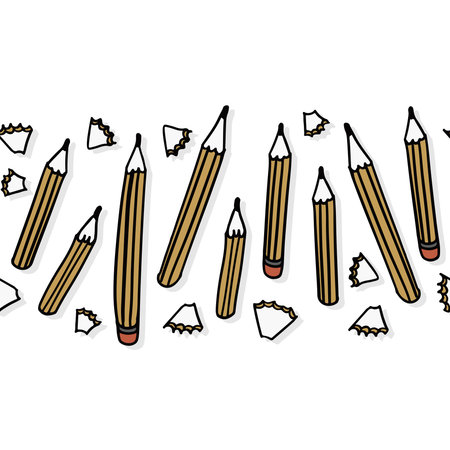 Hand drawn graphic doodle style yellow pencils surrounded by pencil shavings in a messy way. Vector seamless horizontal border isolated on white background.のイラスト素材