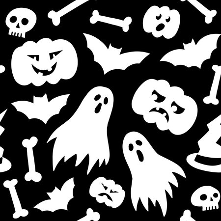seasonal monochrome halloween seamless pattern with scary ghosts faces pumpkin heads bats skulls and bones isolated on dark backgroundのイラスト素材