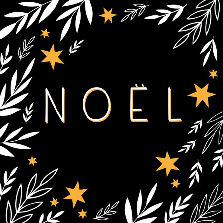 Noel Christmas card with branches leaves and stars on dark background card poster centerpiece seasonal winter illustrationのイラスト素材