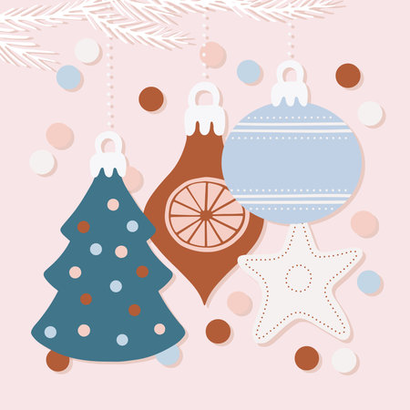 pastel baubles glass balls and confetti colorful festive winter holiday decorative vector hand drawn centerpiece illustration on light backgroundのイラスト素材