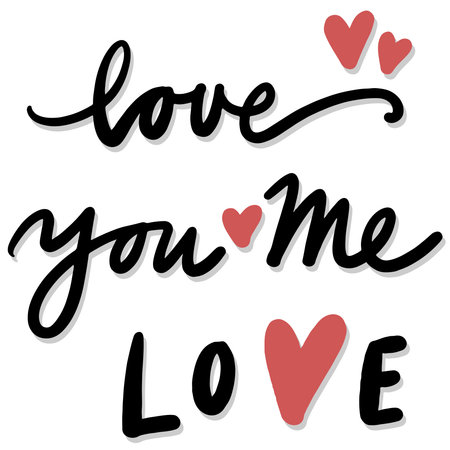 black linear hand drawn calligraphic love text with red hearts romantic vector centerpiece isolated on white backgroundのイラスト素材