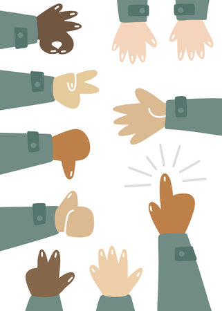 hand non verbal sign language set of cartoon style drawn human hands colorful vector elements isolated on white backgroundのイラスト素材