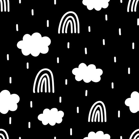 monochrome rain rainbow cloudy sky minimalistic hand drawn style vector seamless pattern isolated on dark backgroundのイラスト素材