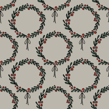 Christmas Season Winter Holiday Doodle linear colorful vector seasonal seamless pattern with holly wreaths isolated on light backgroundのイラスト素材