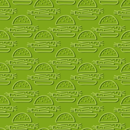 colorful linear abstract vege vegan seamless pattern with doodle elements isolated on green background for web and printのイラスト素材