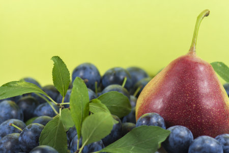 Natural product. Pear photo with plums.の写真素材