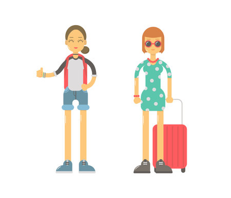 Character Travelers. Girls Going Travel. Women Tourist. Flat Illustration Isolated on White Background.のイラスト素材