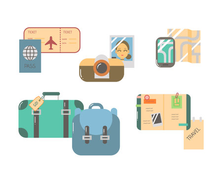 Flat Icons Collection of Traveling and Tourism Theme. Vacation Icon Set. Flat Vector Illustration Isolated on White Background.のイラスト素材